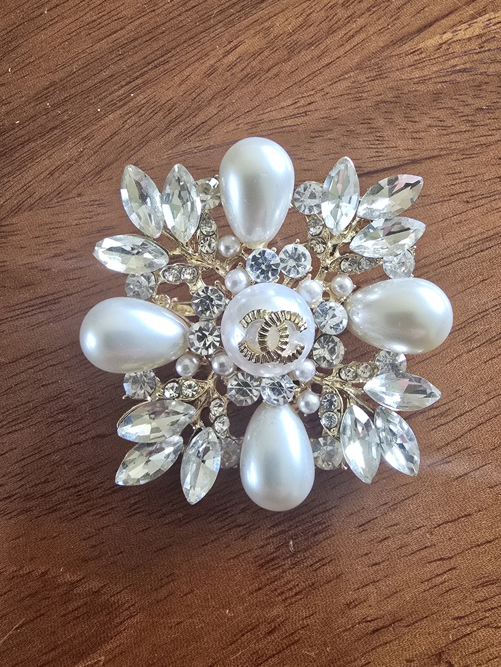Pearl & Crystal Snowflake Brooch - White Pearls with Gold Accents